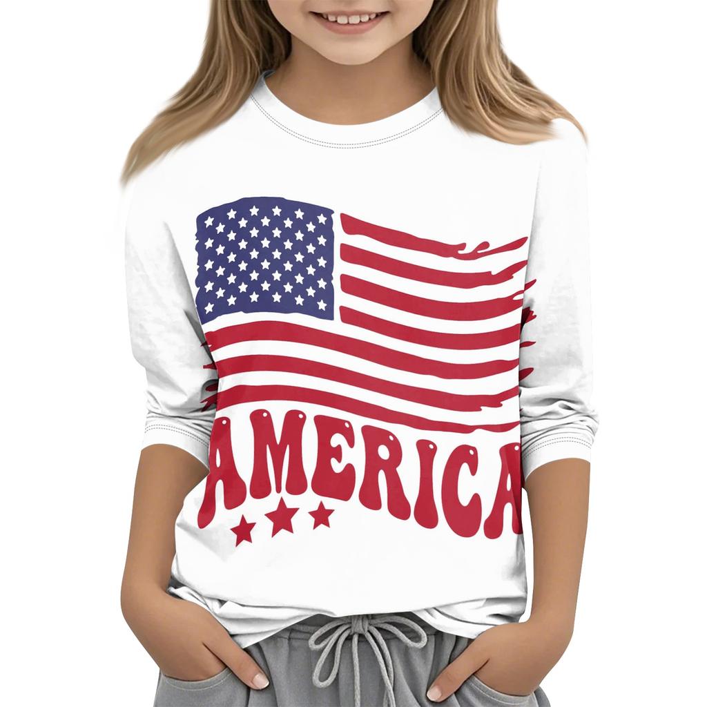 Children's Independence Day Printed Round Neck Seven Quarter Sleeve Casual T-shirt