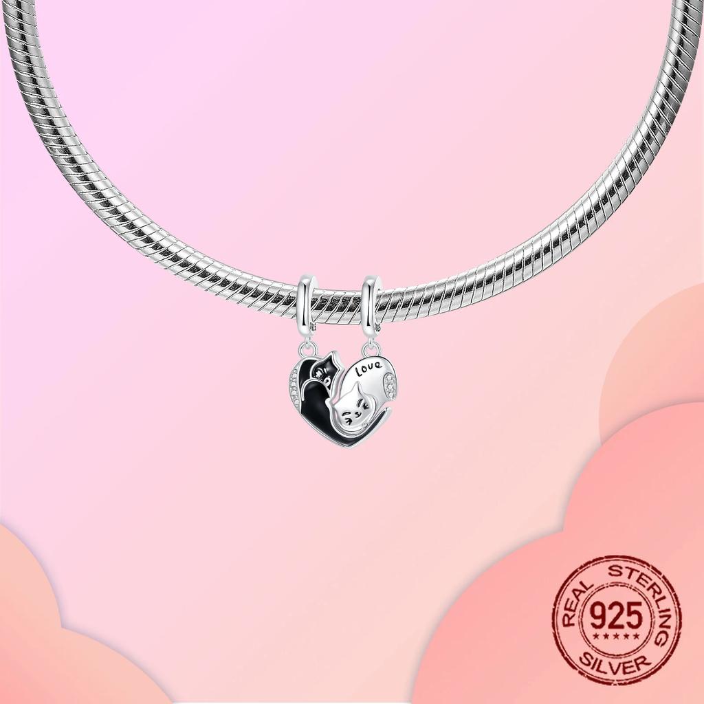 copper Guardian Luck Luna Purity Black and White Cat Pendant Compatible With Authentic Charm Bracelets Women Do It Yourself Jewellery Gift