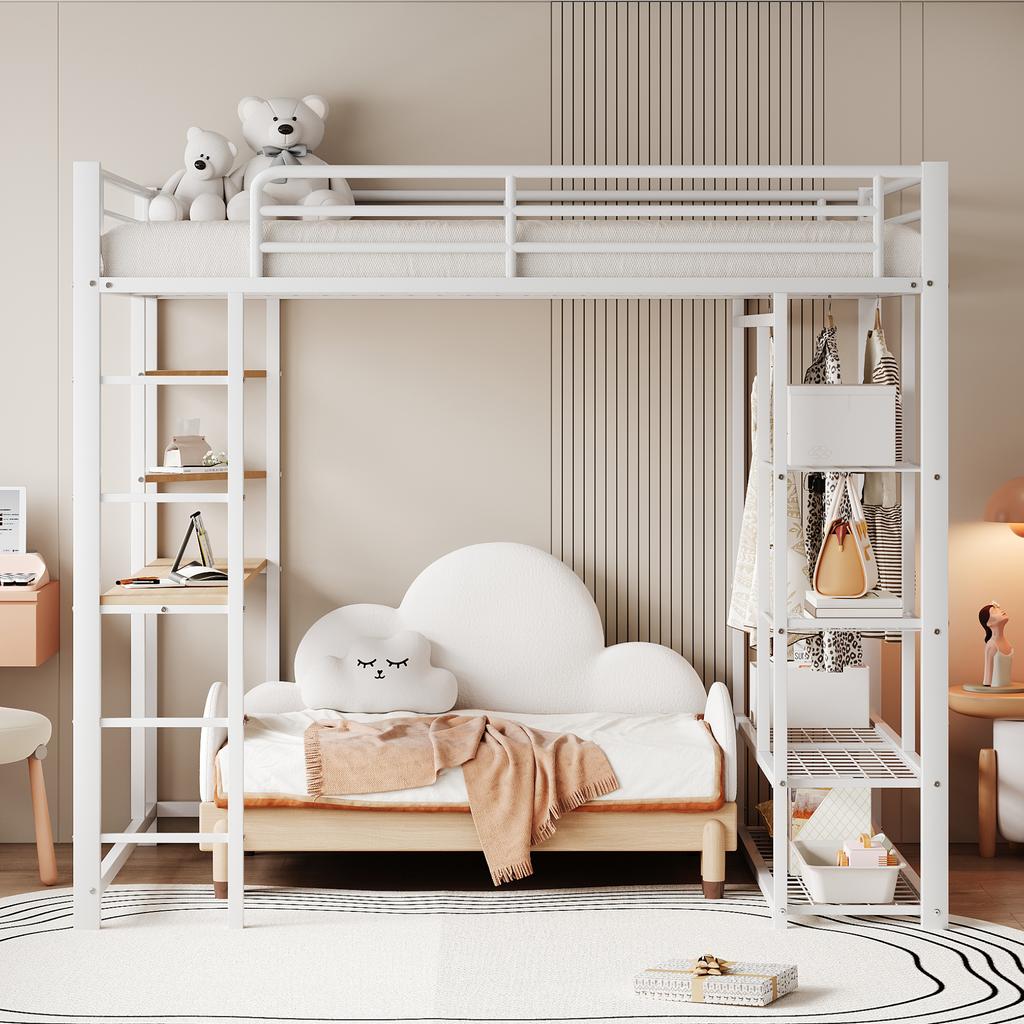 Cama Loft de Metal con Escalera 140*200 cm, Cama Junior Cama Doble con Mesa con Percheros Simples con Compartimentos de Almacenamiento, Blanca