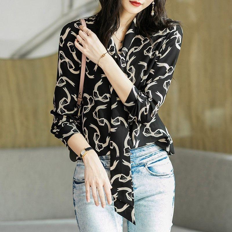 Chiffon Printed Shirt Women's New Fashion Printed Butterfly Strap Bottoming Blouse Long Sleeve Scarf Collar Bow Top M-3XL
