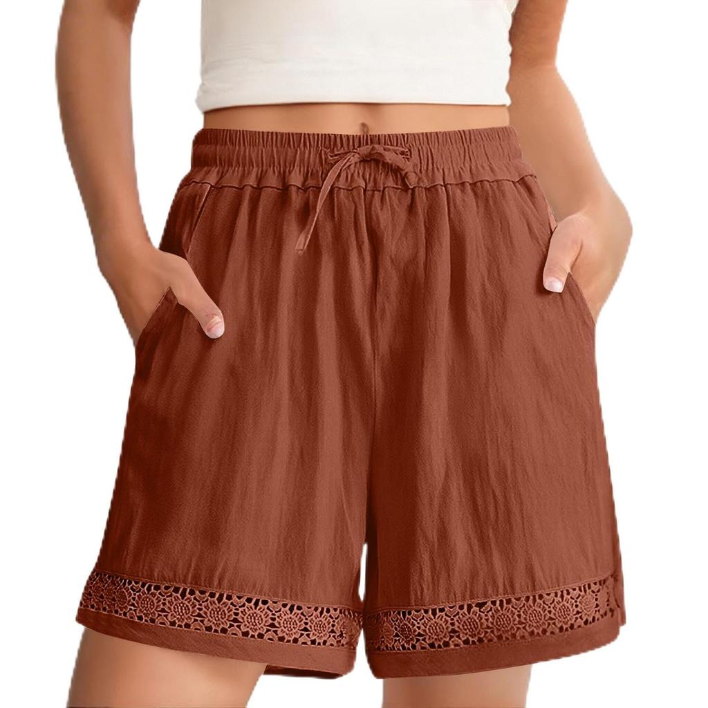 Women's Fashionable Casual -Colour Vintage-Inspired Lace-Up Cotton-Linen Blend Shorts With Drawstring Waist