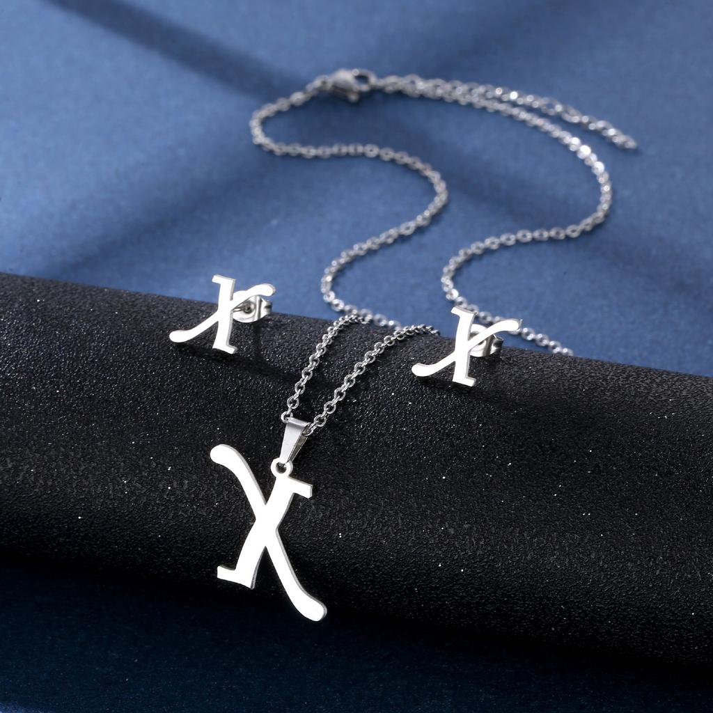 Fashion Alphabet Necklace And Earrings Set Shiny Colorfast Pendant Choker Jewelry