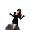 Pure desire sexy hottie black slim-fit U-neck long-sleeved dress women's autumn high waist pleated hip-wrapped short skirt