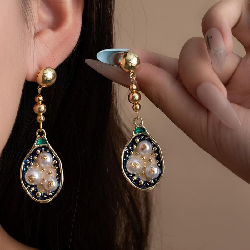 Antique New Chinese Long Earrings Imitation Pearl Water Drop Lotus Earrings Women'S National Tide Elegant Retro New Chinese Earrings