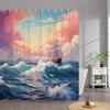 1Pc Extra Large Bath Curtain - Majestic Three-Masted Sailing Ship Sunset Ocean Seascape Design, Vibrant Pink Orange Blue Nautica