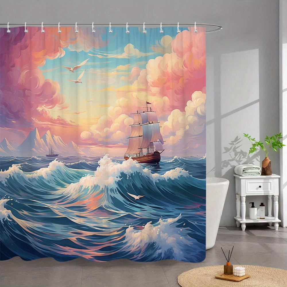 1Pc Extra Large Bath Curtain - Majestic Three-Masted Sailing Ship Sunset Ocean Seascape Design, Vibrant Pink Orange Blue Nautica