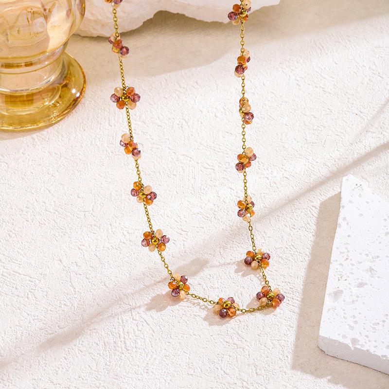 Handmade Bohemian Beaded Anklet & Necklace Set with Titanium Steel Chain and Glass Flower Beads for Girls