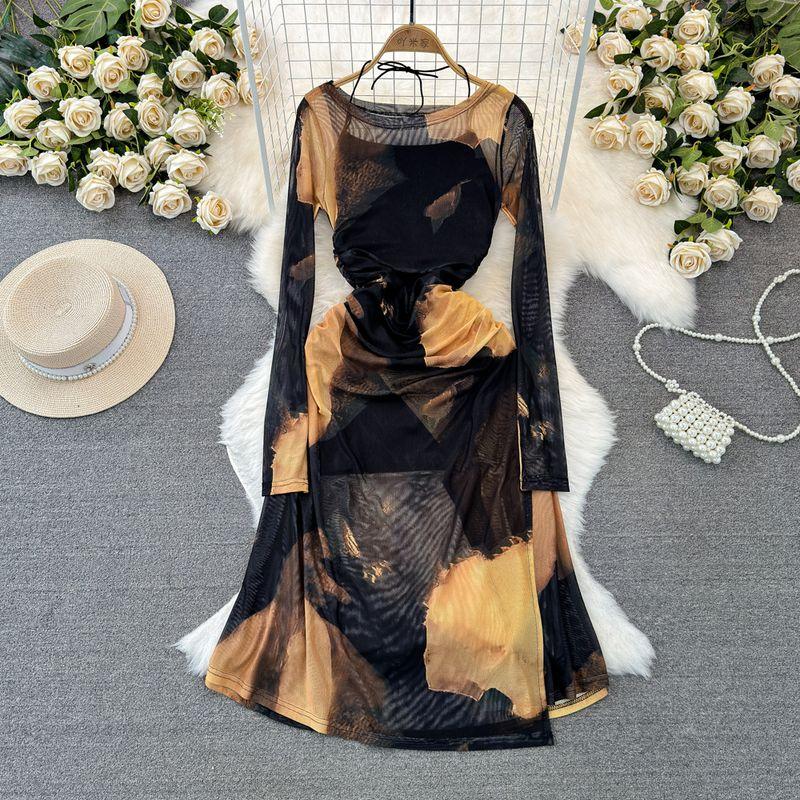 Spring and Autumn Retro Sexy Long Sleeves Suspender Skirt Mesh