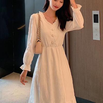 Student Spring French White Long Sleeve Dress for Women, Waist Empire Line, Slim Fit, Midi Length