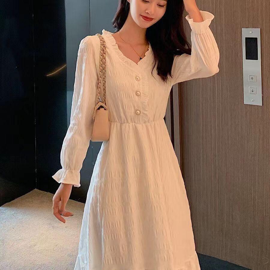 Student Spring French White Long Sleeve Dress for Women, Waist Empire Line, Slim Fit, Midi Length