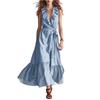 Women's Sleeveless V Neck Ruffle Trim Tie Waist Patchwork Maxi Dress Casual Loose Fit Summer Dress