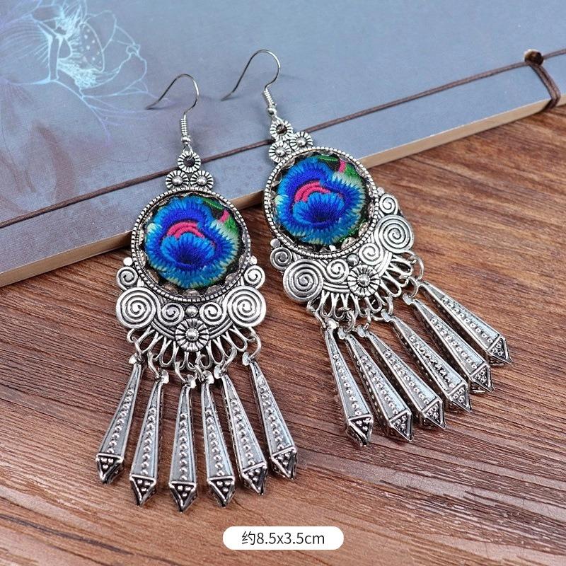 Vintage embroidery earrings hairpin classical temperament Miao peacock flower fringed earrings hair accessories set women