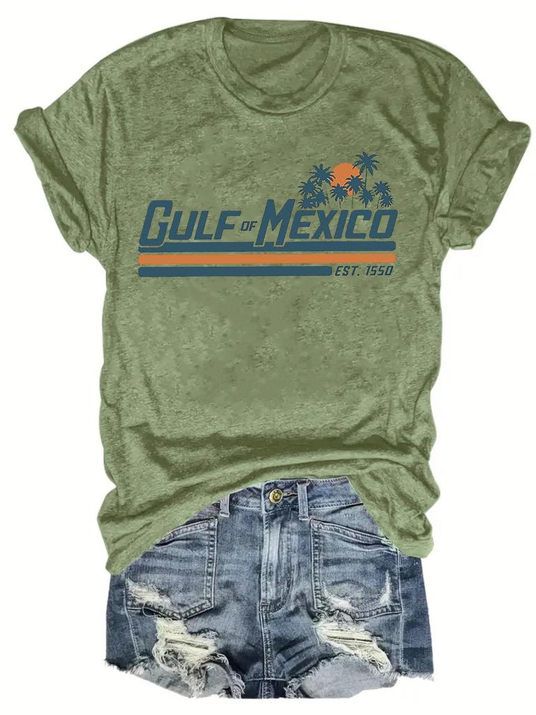 Women's French Round Neck Summer Beach Pattern T-Shirt