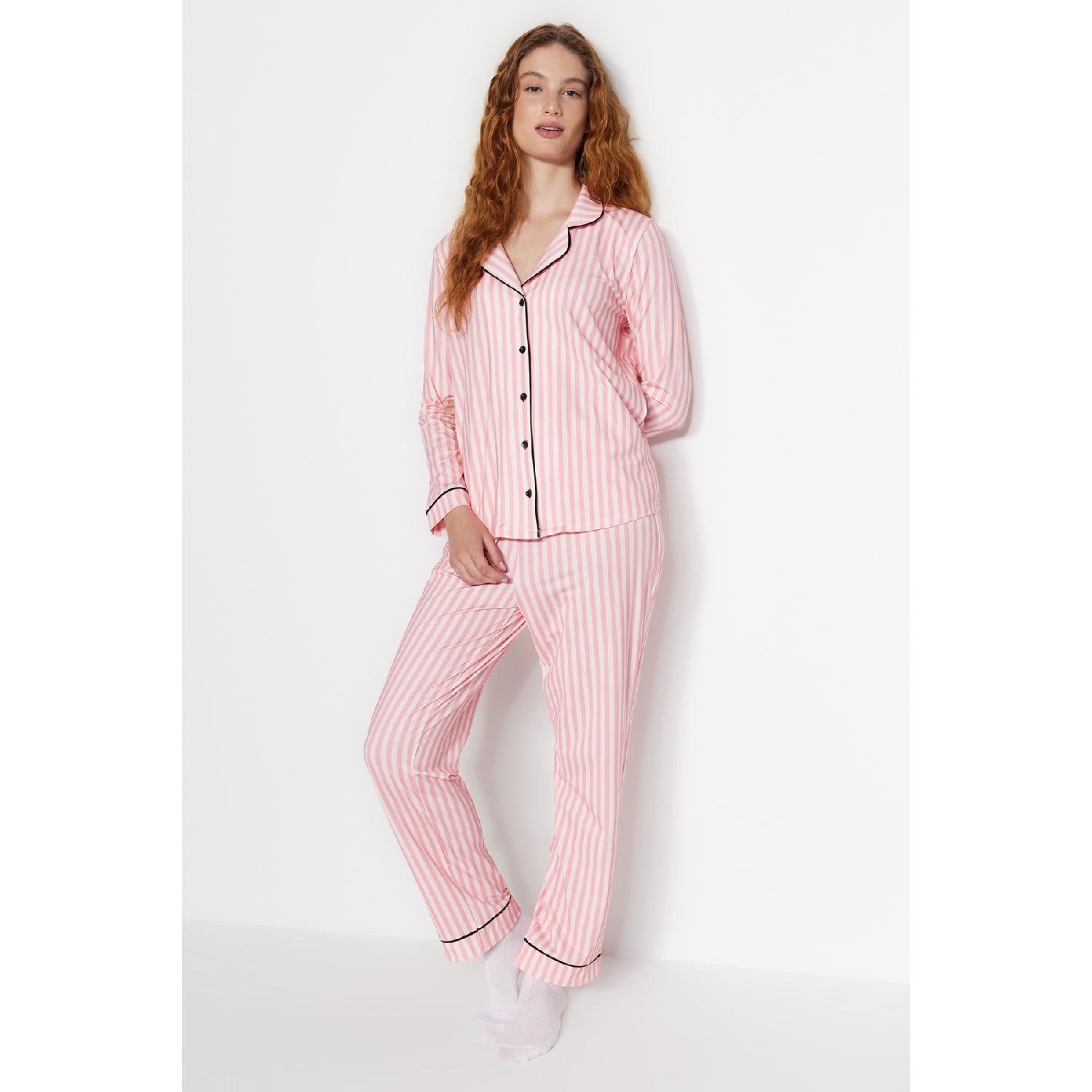 

Вязаный пижамный комплект с флисовой подкладкой и рубашкой в ​​розовую полоску с узором Thmaw24pt00050 XS