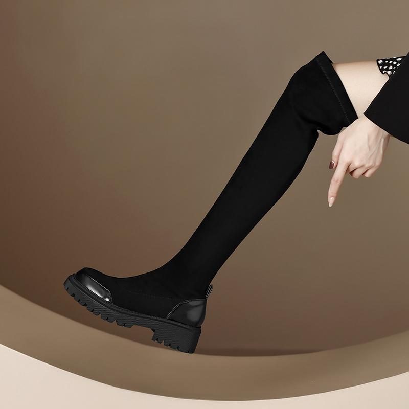 Krazing Pot Flock Autumn Winter Shoes Med Heels Size 43 Stovepipe Boots Round Toe Keep Warm Zipper Over-the-knee Boots