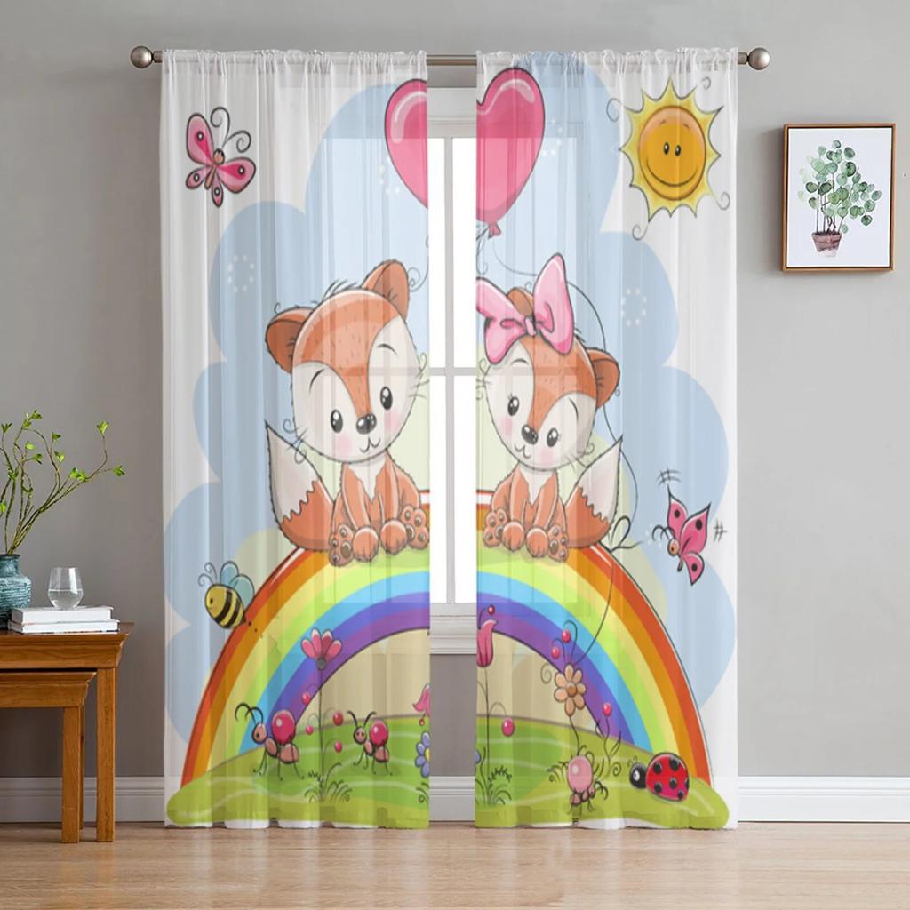 Window Cartoon Birch White Fox Curtains Living Room Tulle Curtains Kitchen Decor Kids Room Curtain Window Treatment