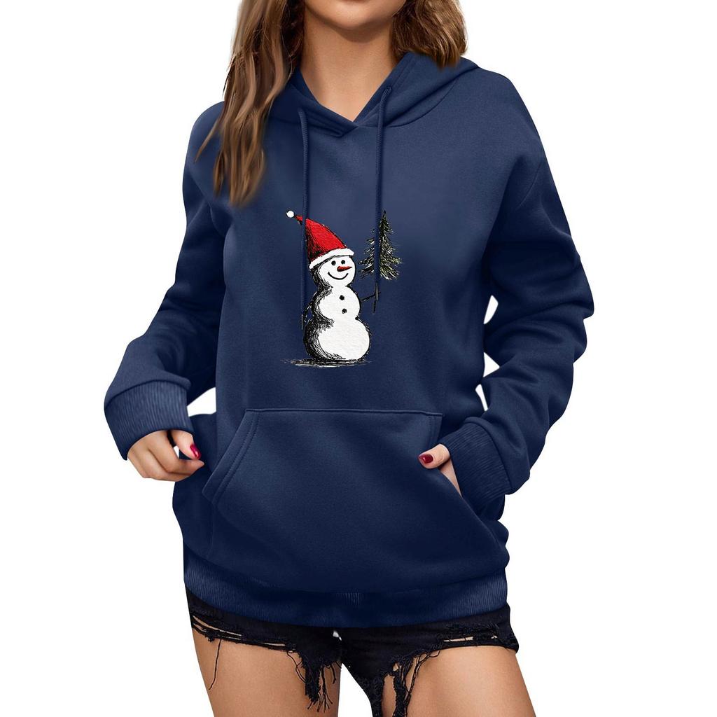 Women's Winter Christmas Printed Pullover Hooded Sweatshirt Fleece Long Sleeve Sweatshirt
