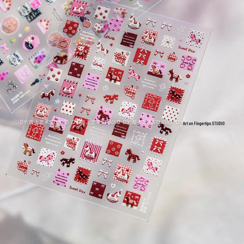 

Year of the Horse Embossed Cartoon Nail Art Stickers - Cute Red Pony, Swan, Plaid Fabric Designs for Spring Festival