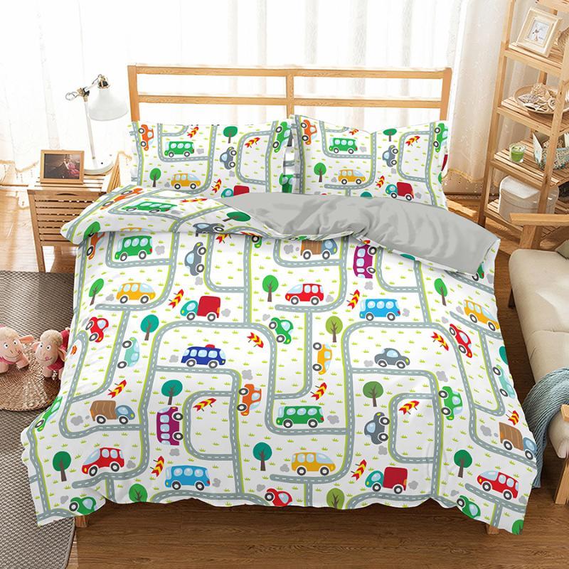 Set Copripiumino Guida di Viaggio Motivo Cartone Animato Percorso Auto Casa Edificio Set Biancheria da Letto Microfibra Tema Viaggio Misura King Copripiumino
