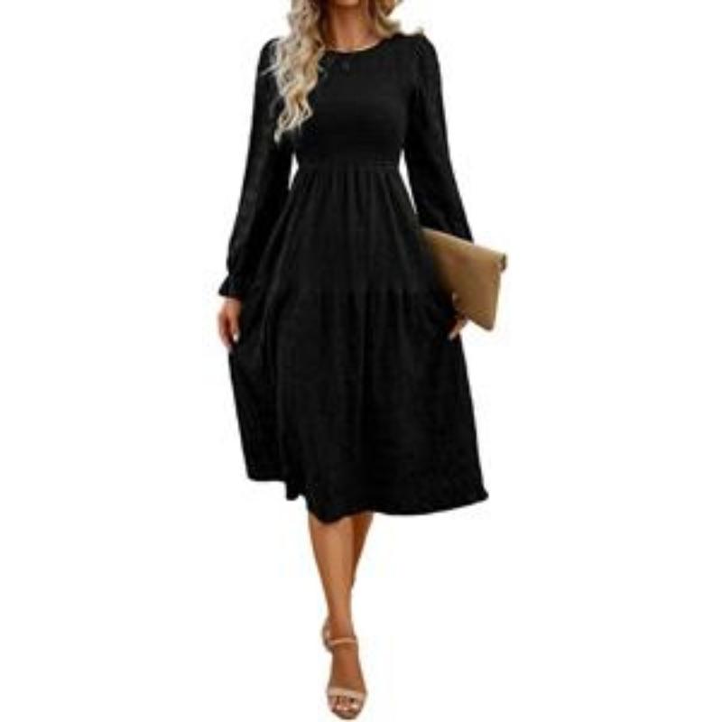Women Autumn Midi Dress, Round Neck Puff Long Sleeve Dress, Smocked Bodice Tiered Ruffle Skirt, High Waist A‑Line Flowy Casual Elegant Ladies Dress