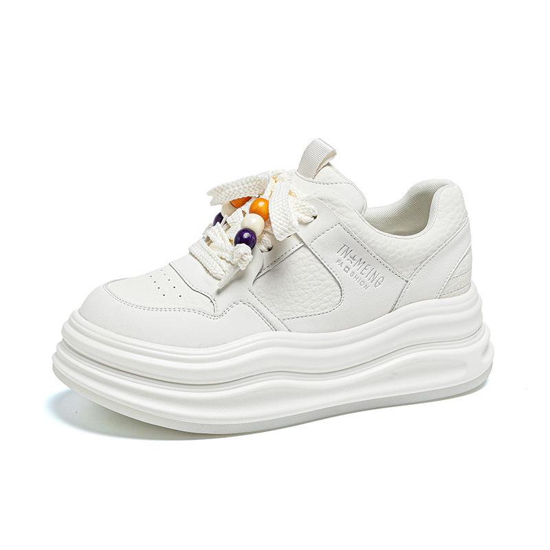 Women's 7cm Thick Sole White Lace-Up Sneakers - Height-Boosting Platform Athletic Shoes