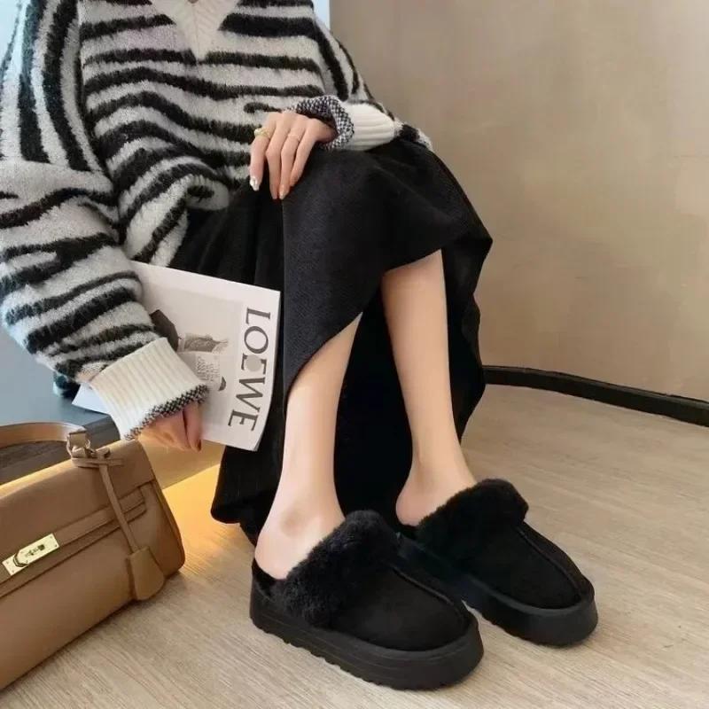 2024 Snow Boots Fur Fur Slippers Female Wearing 2024 New Baotou Flat Half Drag Thick Sole Cotton Shoes Women Boots