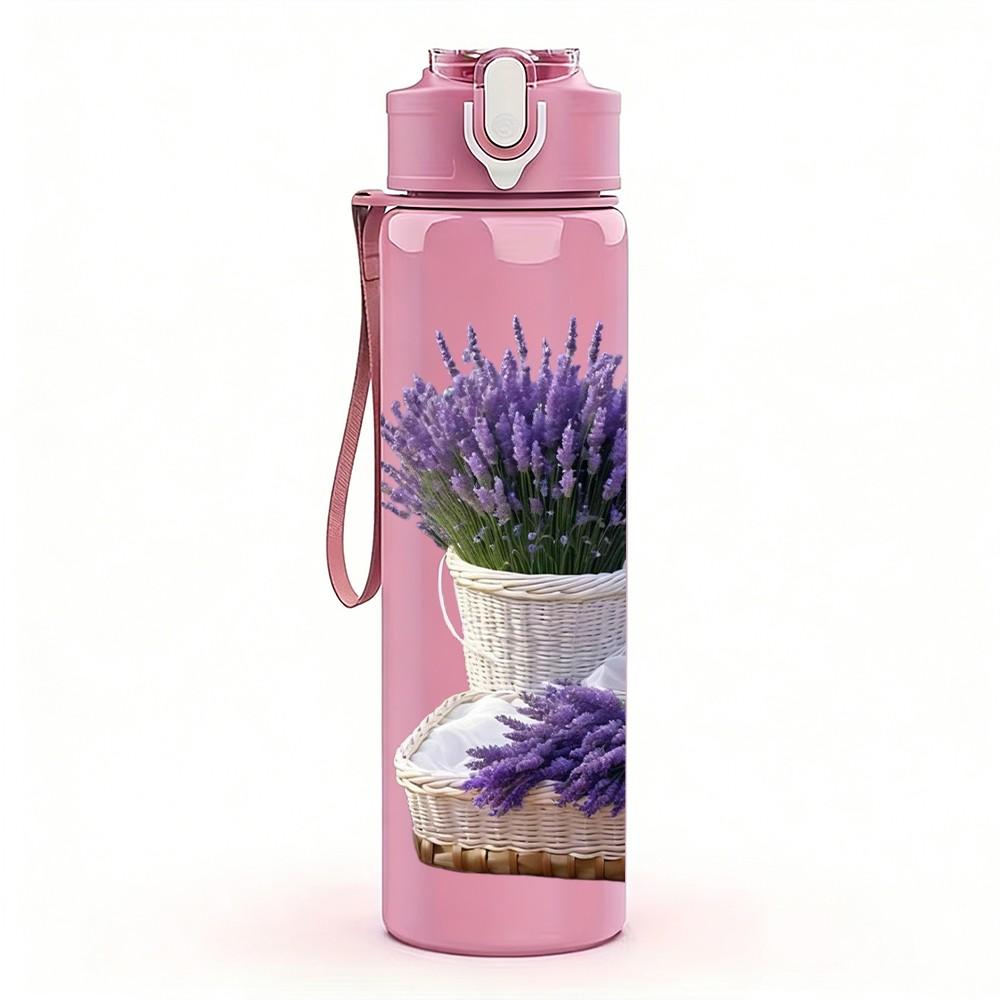 1PC Purple Lavender Potted Plant Print 750ml Color Plastic Sports Water Bottle Leakproof Flip Straw Lid Suitable for Sports Office Home Use