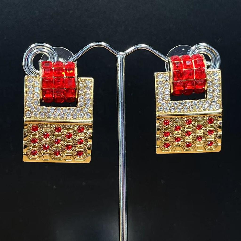 Vintage Antique Square Gold Full Zirconia Earrings European Niche Design Geometric Retro
