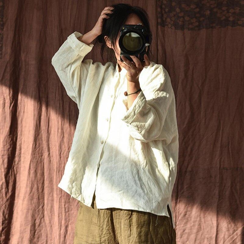 Johnature Frauen Vintage Leinen Taste Mäntel Stehen Einfarbig Lange Hülse Lose Mantel Frühling Chinesischen Stil Casual Kleidung