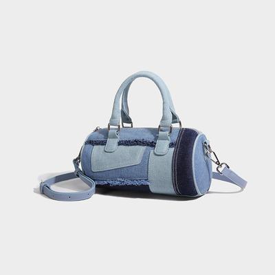 Niche Design Patchwork Denim Crossbody Bowling Bag 2024 Summer New Versatile Boston Pillow Bag