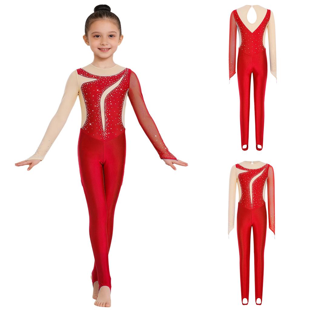 Tuta da Ginnastica per Bambine Maniche Lunghe Fori per le Dita Foro sulla Schiena Patchwork in Rete Strass Lucidi Color Block Body da Danza per Performance