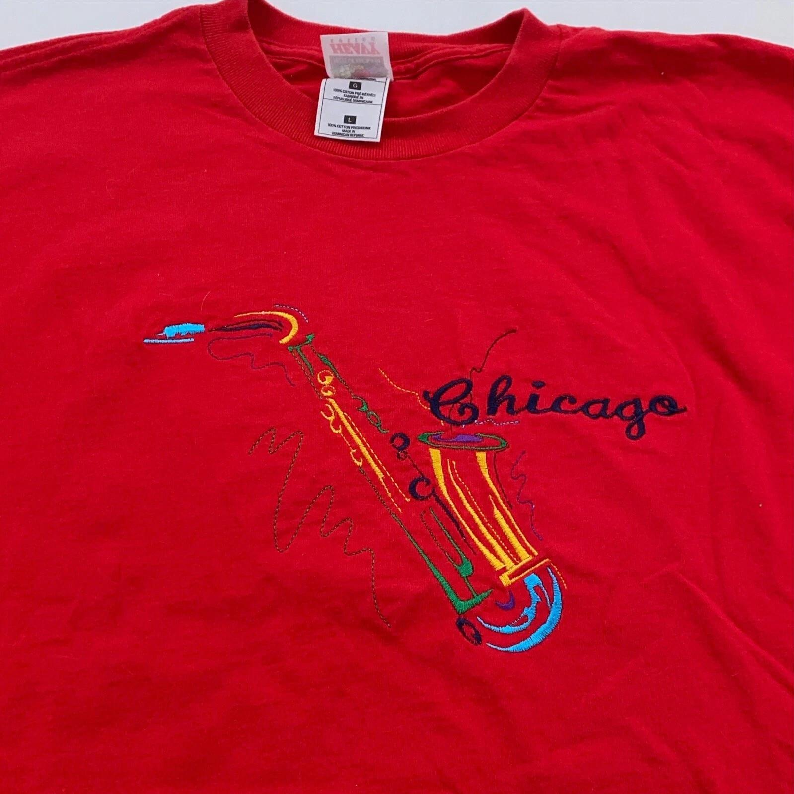 

vintage 90s CHICAGO EMBROIDERED SAXOPHONE T-Shirt SMALL jazz music soft XL