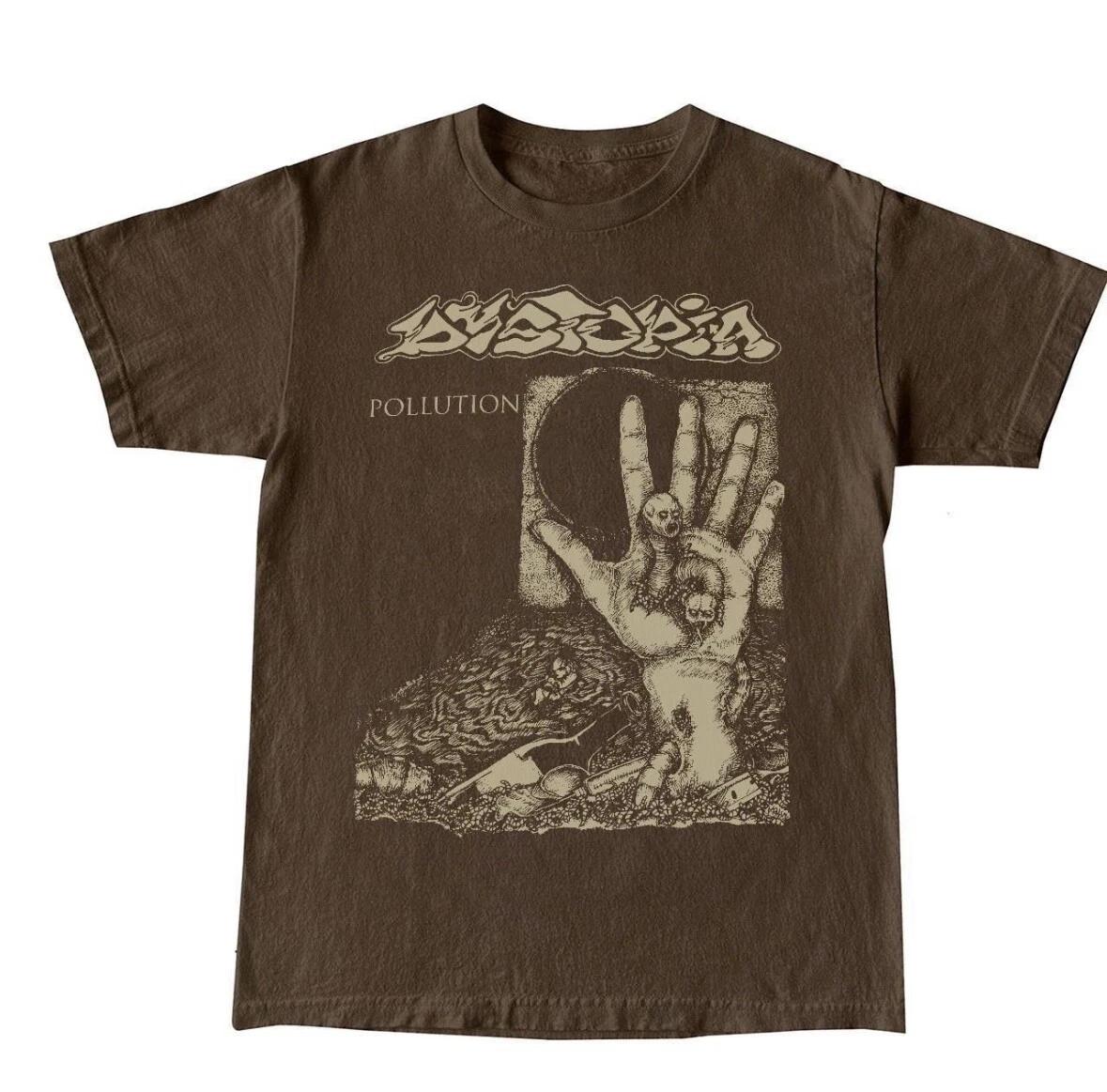 Brown Dystopia Pollution Band T Shirt Vintage Crust Punk Grind Sludge Acid Bath L