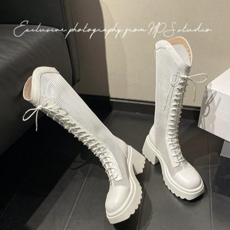 Fashion Summer Women Hollowed Out Boots Fashion Knee-high Boots Mesh Breathable Cool Boots for Women Lace Up Platform Boot Knight Botas