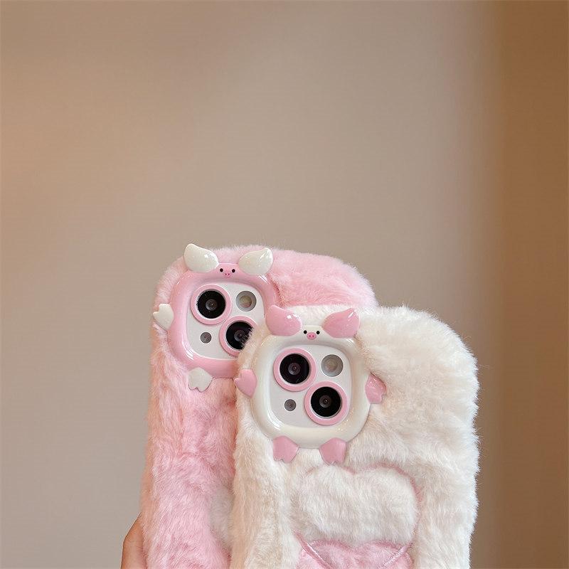 Herbst/Winter Cartoon Pig Linsenrahmen Plüsch-Handyhülle für iPhone 15 14 13 12 11 Pro Max All-Inclusive-Fallschutzhülle