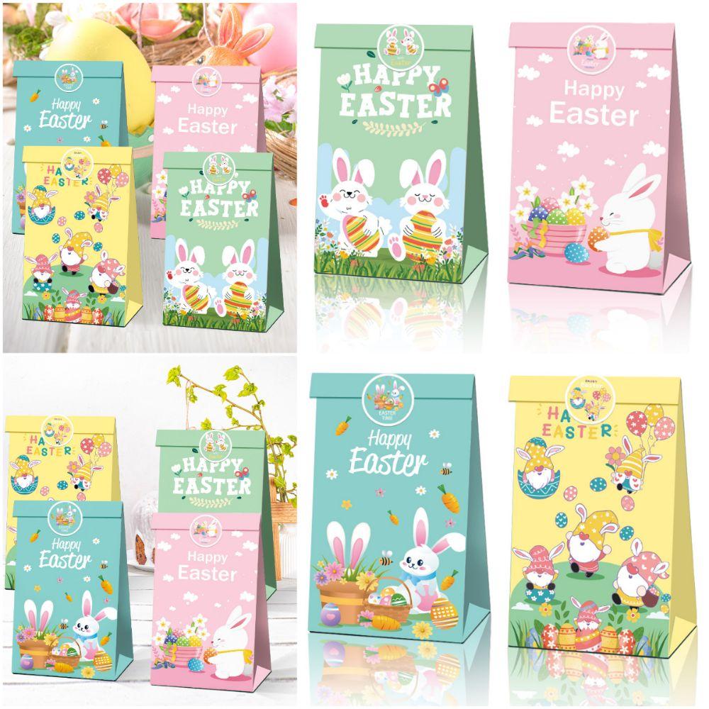 12PCS Multicolor Happy Easter Gift Bags with Seal Sticker Cartoon Rabbit Flower Packaging Bag Kraft Paper Mixed Pattern
