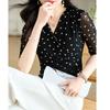 Women's Black Polka Dot V-Neck Half Sleeve Sheer Mesh Ruched Slim Fit Casual BlousePrinting