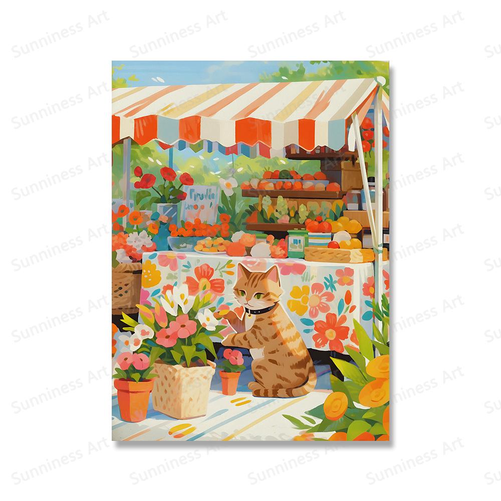 Tabby Cat Flower Market Posters and Prints Canvas Painting Cherry Blossoms Wall Art Pictures for Living Room Home Decor Cuadros