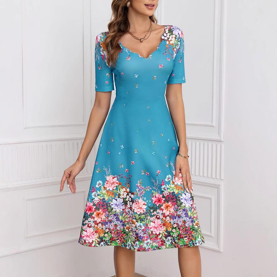 Summer Women's Dresses Short Sleeve V-neck Elegant & Beautiful Midi Dresses Female One-piece Dress Printed Dress