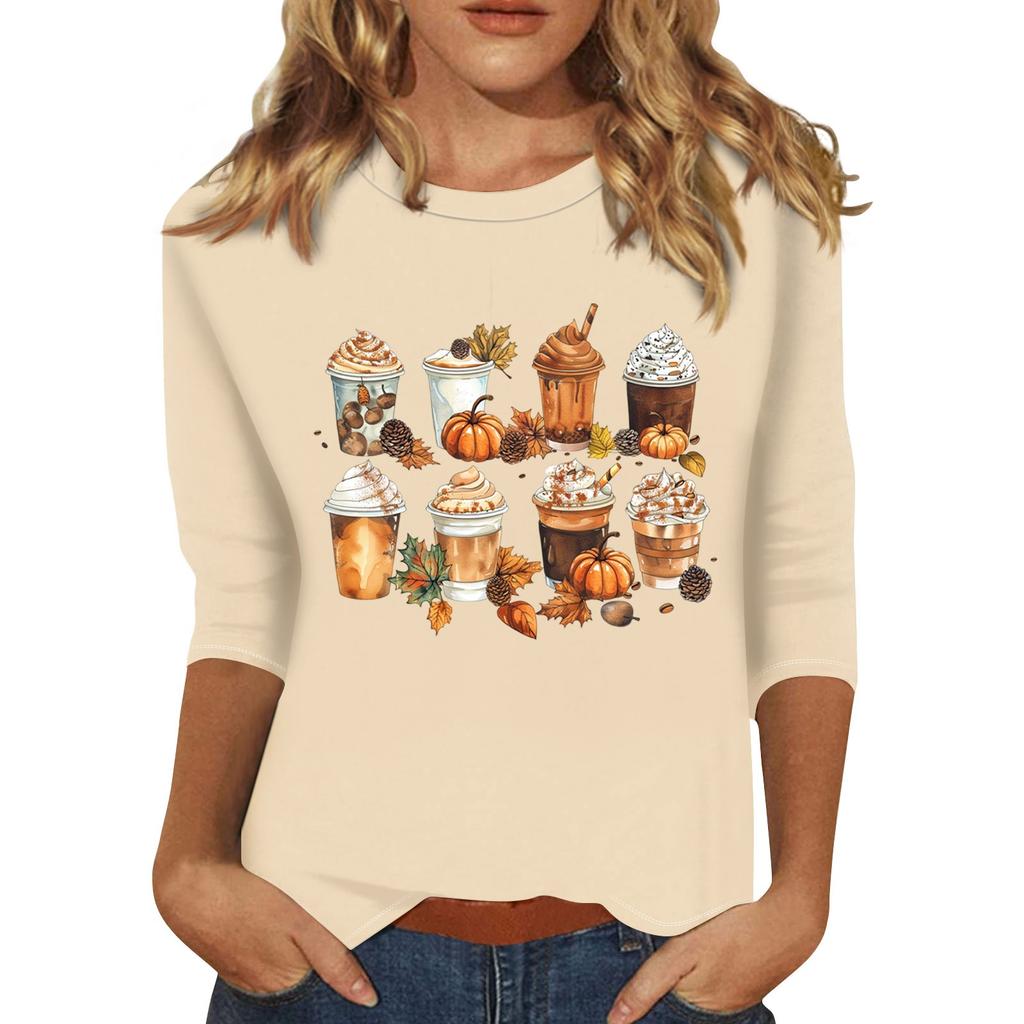 Damenmode Lässig Dreiviertelärmel Halloween-Print Rundhals-Top