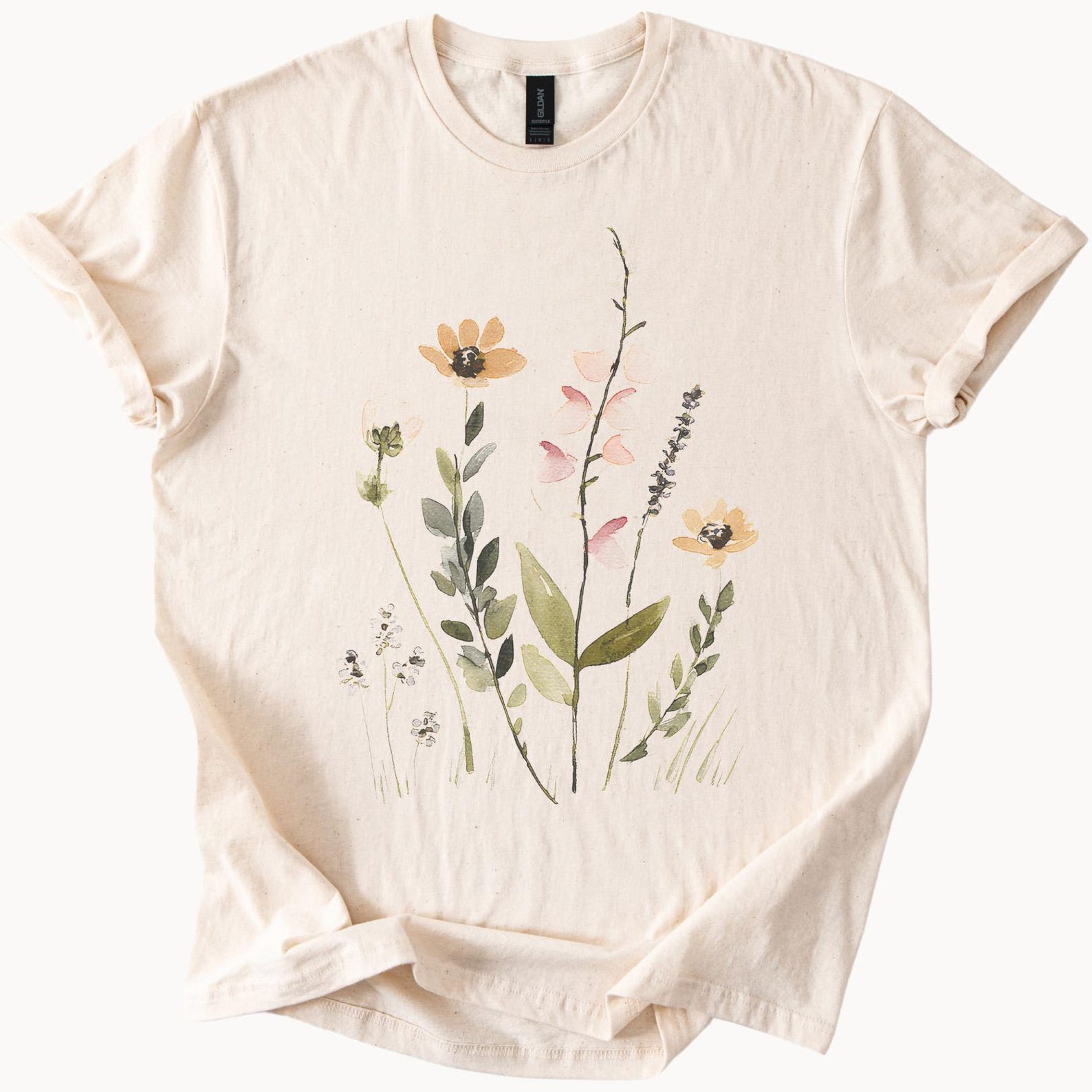 Hand Drawn Wildflower Garden Shirt Natural Beige Floral Graphic Tee Botanical Art Print Gift 110
