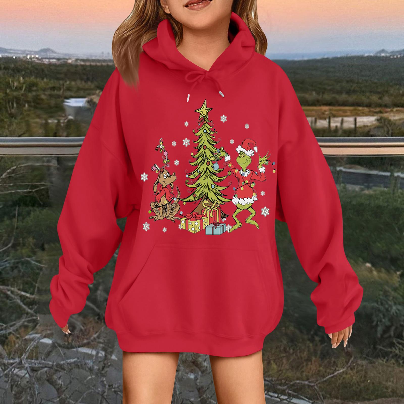 

Children s Fashionable Casual Long-sleeved Loose Christmas Print Pullover Hooded Sweatshirt 160 красный