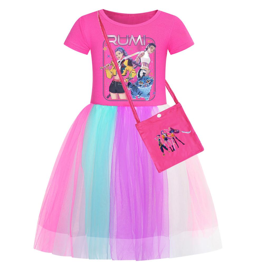 Kpop Demon Hunters Pattern Girl Dress With Cotton Fabric And Pleated Skirt For Kids Girls