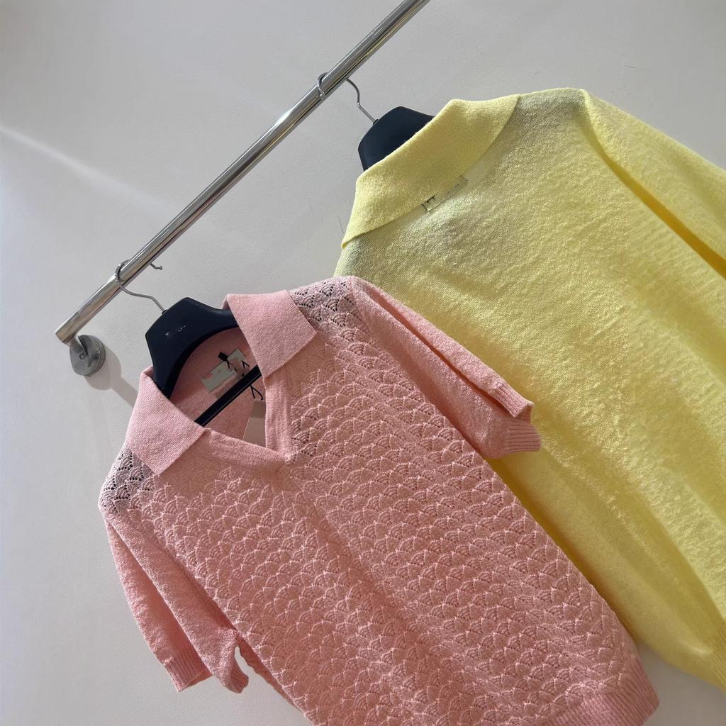 26 new spring and summer solid color pullover knitted short-sleeved t-shirt wool knitted top temperament lapel high-end women's clothing