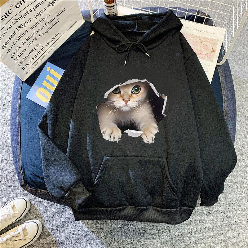 Autumn and Winter Cat Print Loose Hooded Sweatshirt 7013