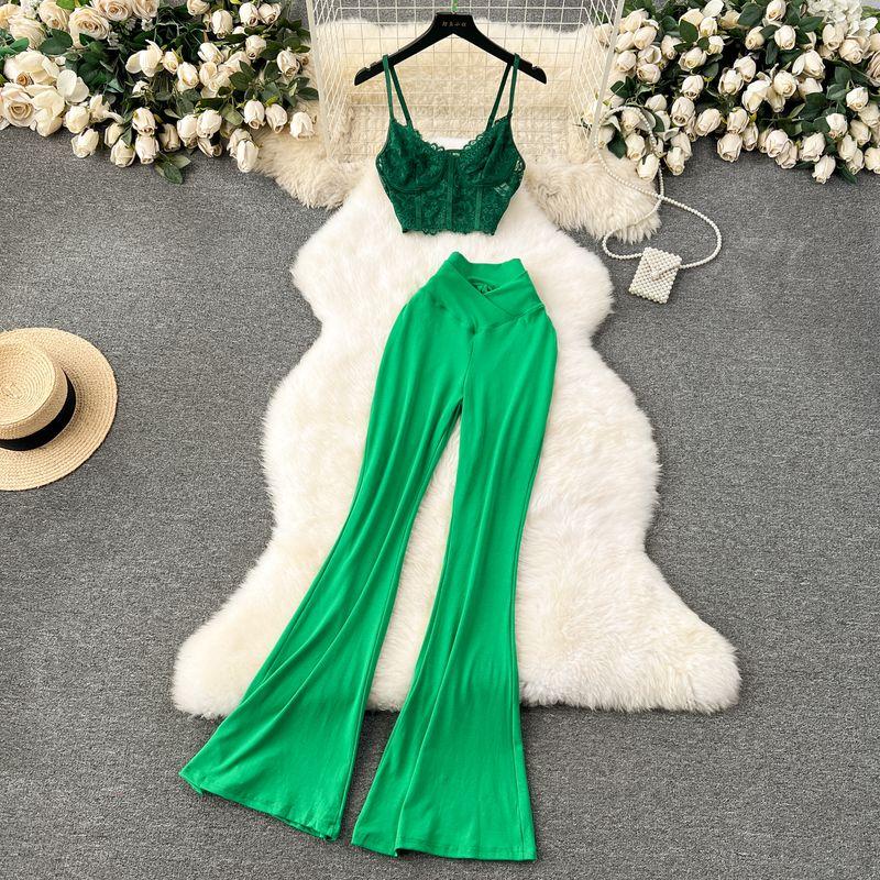 

Sexy Wind High Waist Slim Flare Pants Dancing Lace Green XS
