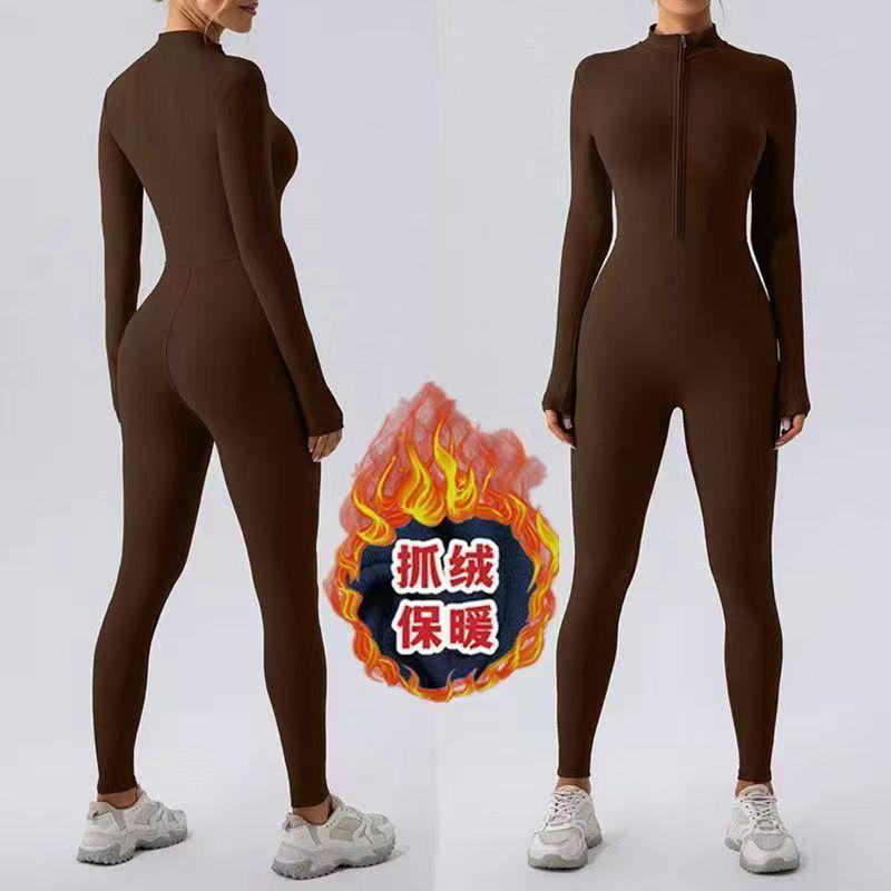 Winter Warm Fleece Tight Jumpsuit Yoga Fitness Dance Cycling Jumpsuit Zipper Tight Jumpsuit Pilates Sports Warm Training Jumpsuit