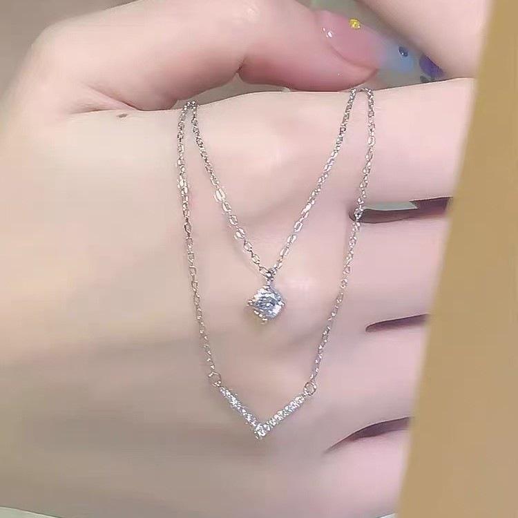 Dazzling 925 Sterling Silver Zircon Layered Necklace for Girls - Elegant Clavicle Chain, Perfect Birthday Gift