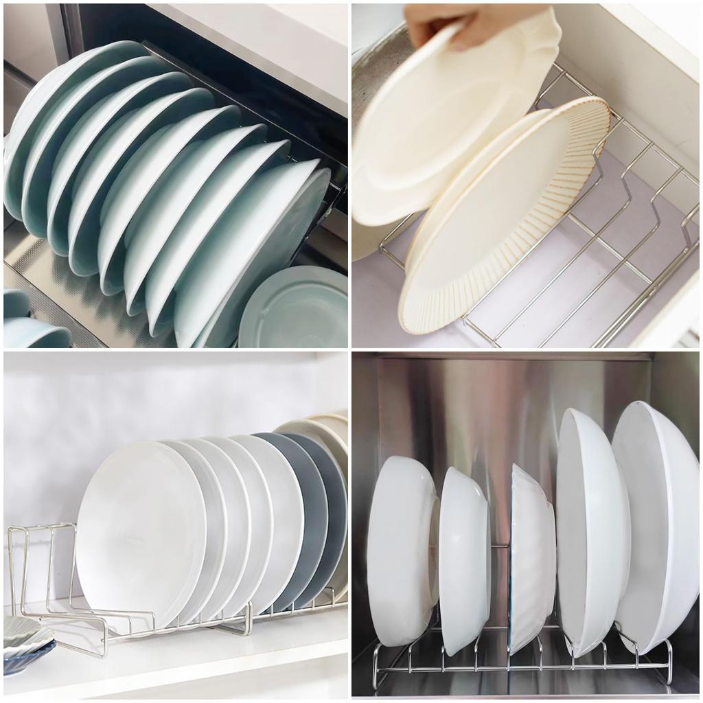 IMEEA Dish Stand, Dish Drying Rack, Plate Holder, W26×D18×H11.5cm, Plate and Pot Lid Storage Rack, Stainless Steel, 8 Compartments, Space-Saving, Silv