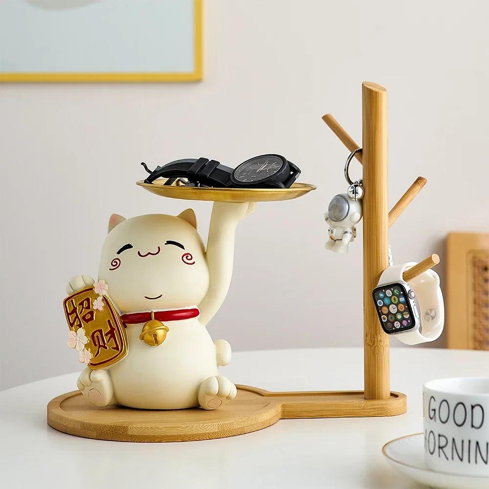 Kreative Inneneinrichtung Glückskatze Tablett Wohnkultur Zubehör Zimmer Desktop Süßigkeiten Snack Aufbewahrungstablett Harz Tier Statue Geschenk